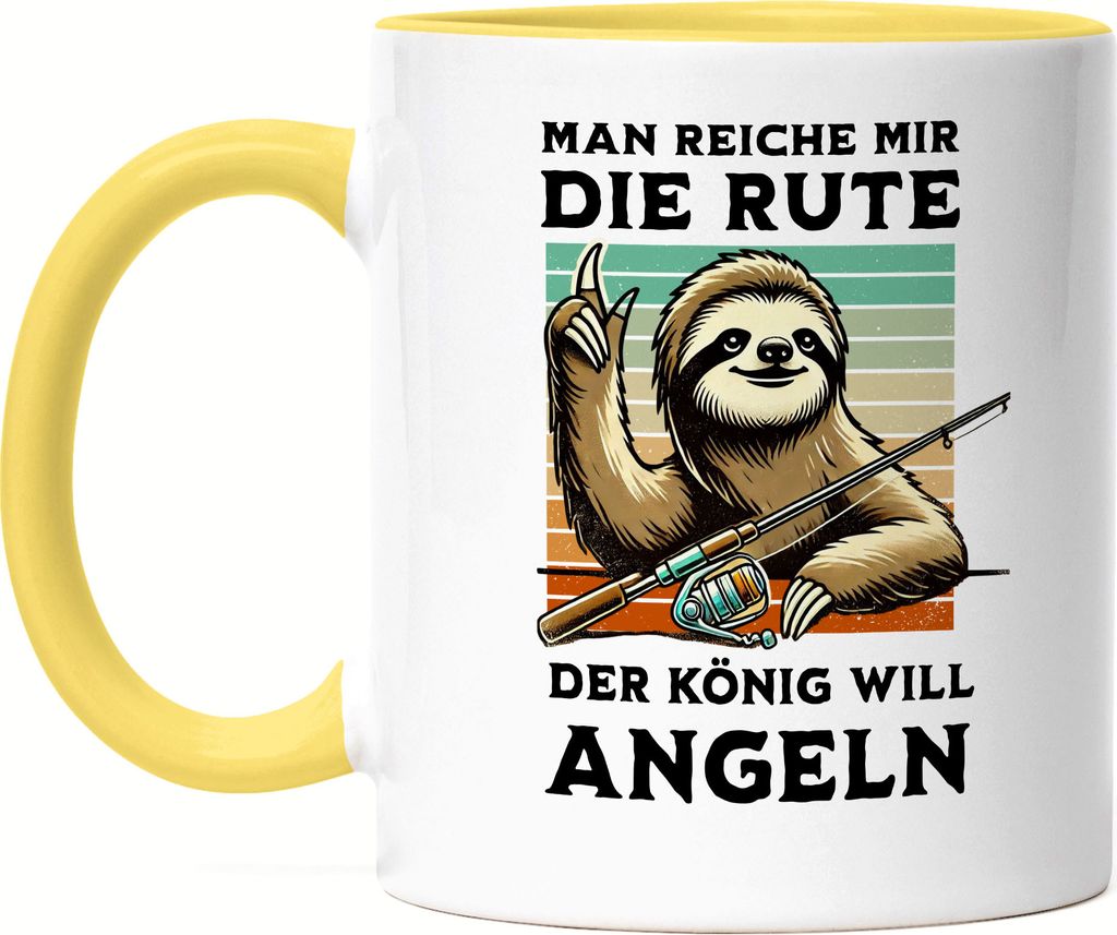 Man Reiche Mir Die Rute Der König Will Angeln Tasse Gelb Geschenk Lustiges Faultier Angler Motiv