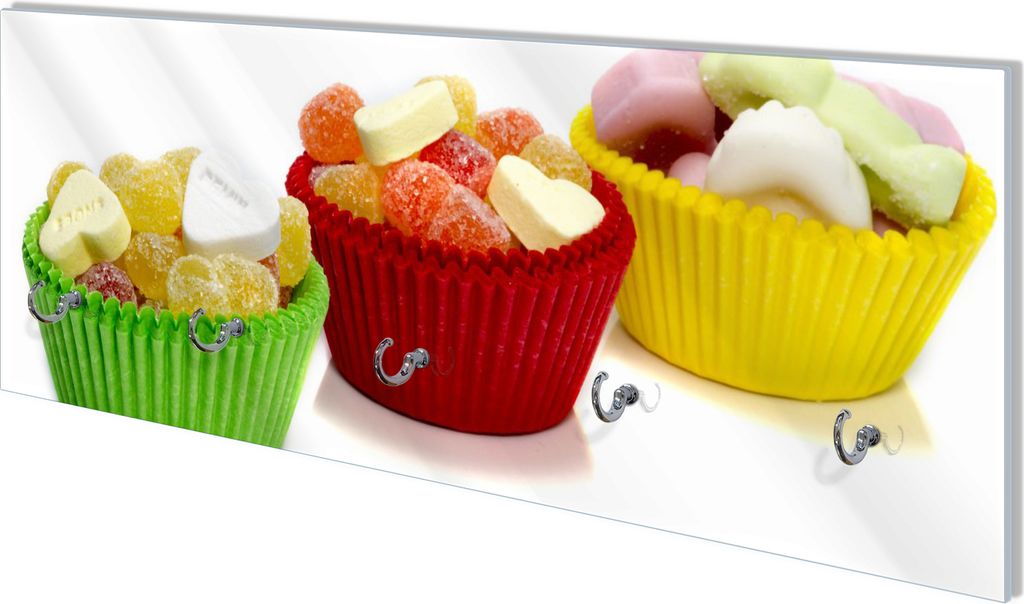 Wallario Flurgarderobe Wandgarderobe aus Glas, mit 5 Haken, Größe 80 x 30 cm, Motiv Sweets - Süßigkeiten-Muffins in der Küche