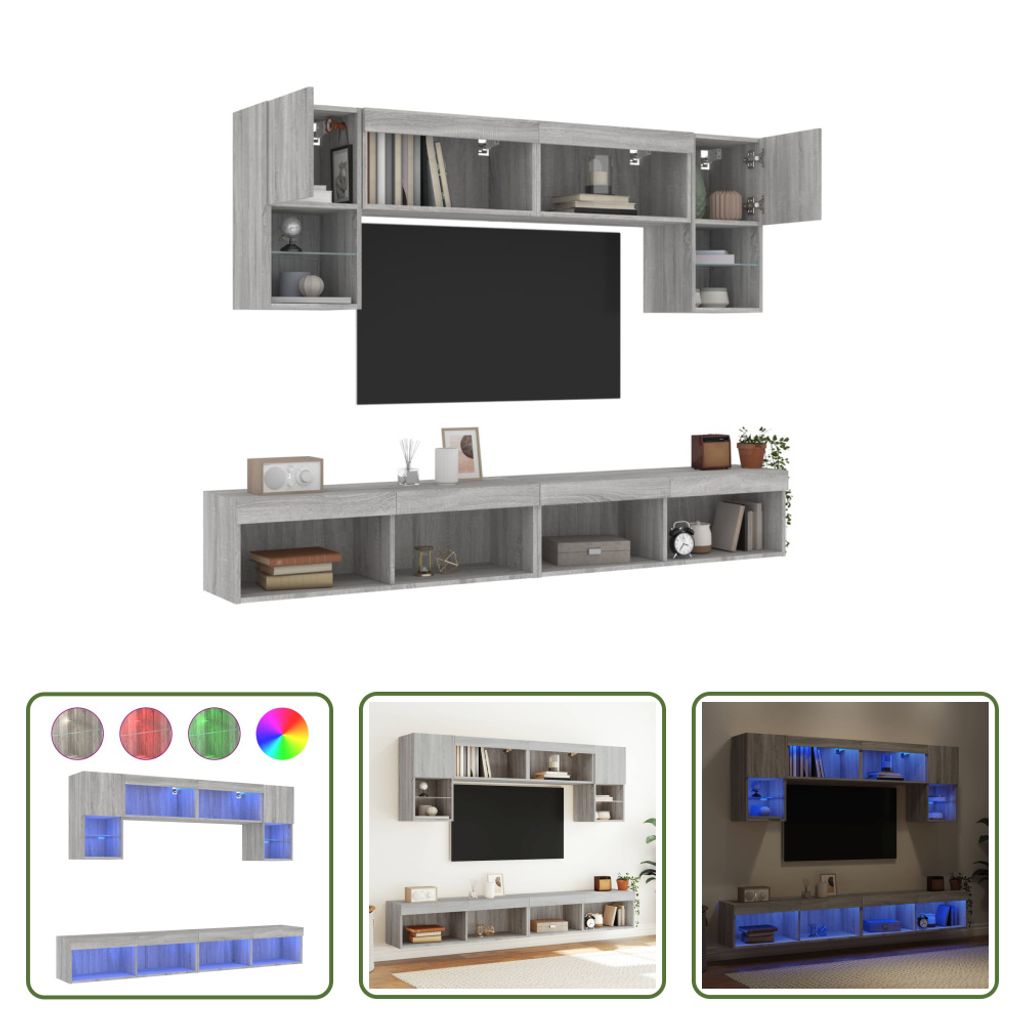 The Living Store 6-tlg. Wohnwand mit LED-Beleuchtung Grau Sonoma Holzwerkstoff