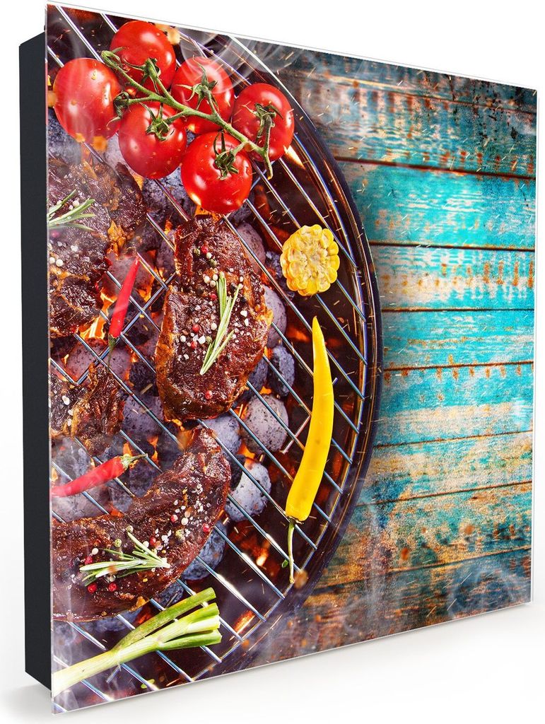 Nachbildung-Schlüsselkasten, Magnetpinnwand und Memoboard mit Glasfront Motiv Fleisch auf Grill
