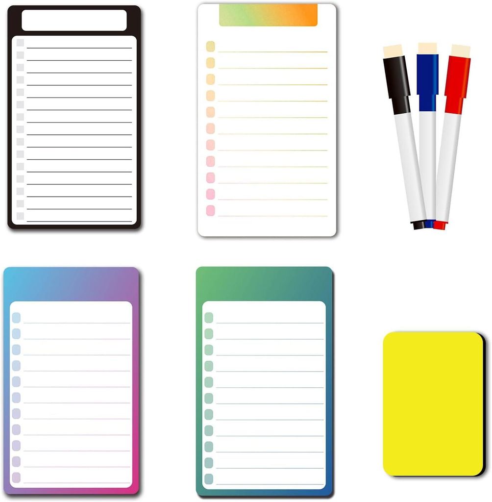 Pack 4 Magnetic Nit -Boards, Kühlschrankmagnete, 3 Whiteboard -Stifte, 1 Radiergummi -Memos, Notizen, Listenmenüs im Haus, Küchenbüro
