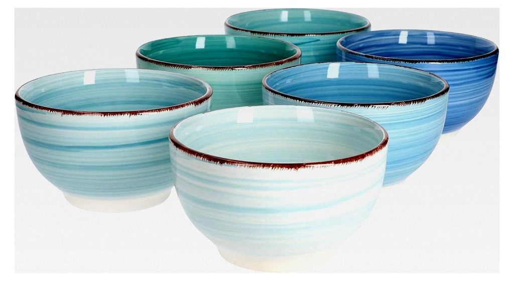 6er Set Müsli-Schalen blau I robuste Steingut-Schüsseln für 6 Personen I Müsli- und Beilagen-Schalen mit modernem Strudel-Muster I Blaue Müsli...