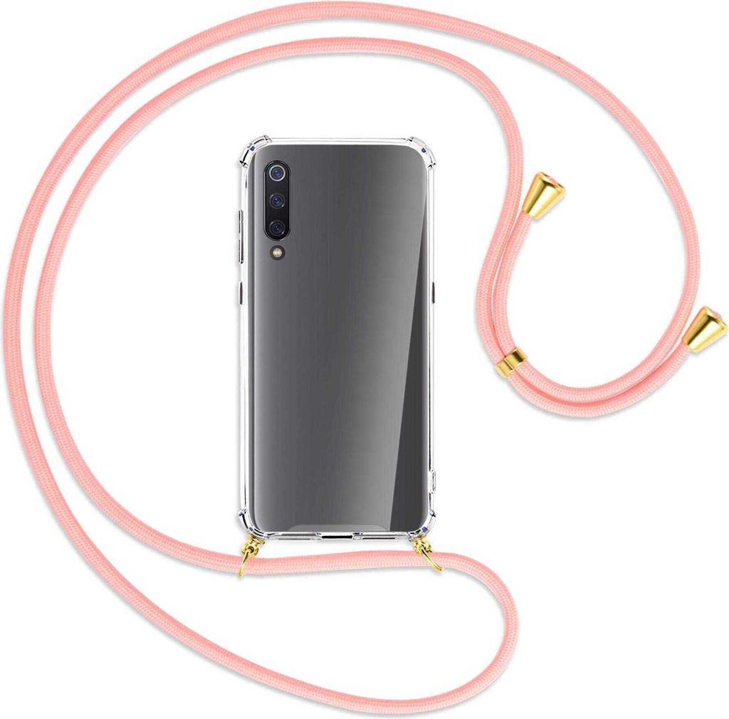 Handykette Backcover-Schutzhülle mit Band (Metall goldfarben) für Xiaomi Mi 9 / Mi 9 Explorer - rosa