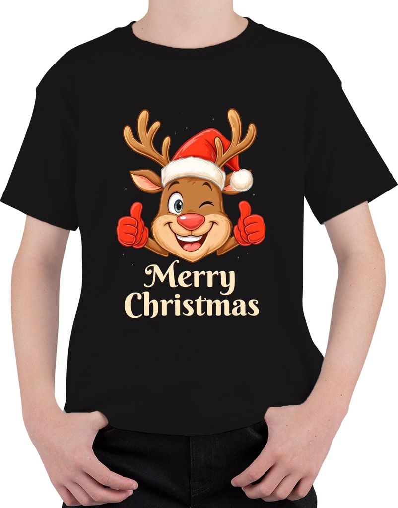 Merry Christmas niedlich Rentier Santa Hut Cartoon Familie Kinder Uni Kinder T-Shirt, Schwarz, 152