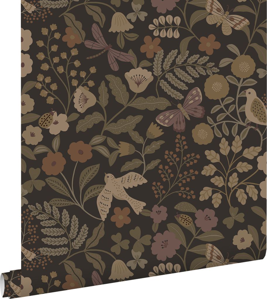 ESTAhome Tapete Blumen und Vögel Dunkelbraun, Olivgrün und Produktbild 