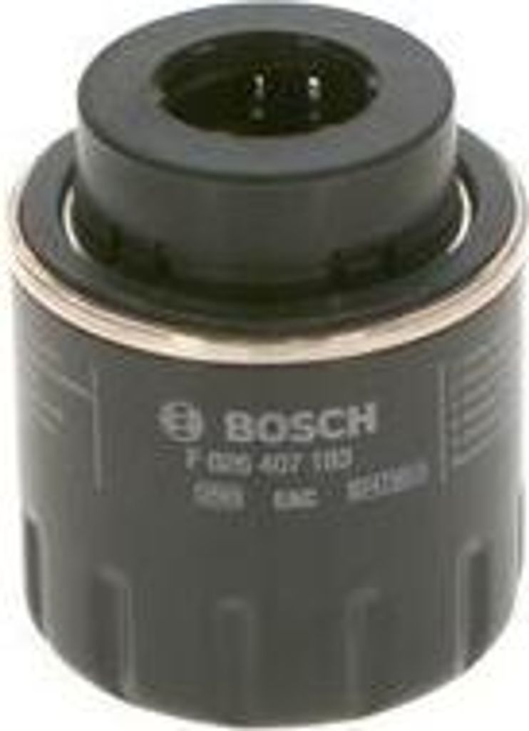 A black Bosch oil filter with a gold ring around the middle, shown against a light gray background.