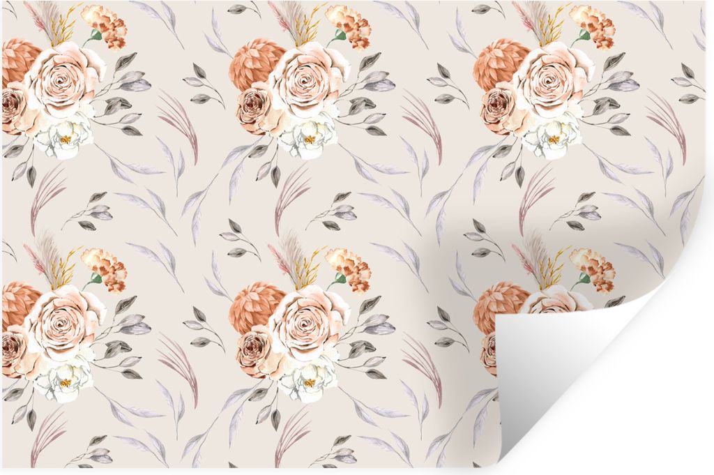 MuchoWow Wandtattoo Wandsticker Wandaufkleber Rosen - Blätter - Muster 120x80 cm Selbstklebend und Repositionierbar - Selbstklebend - Fototapeten