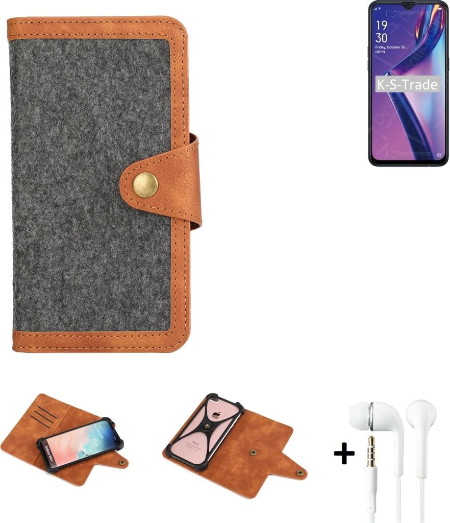 K-S-Trade Handyhülle + Kopfhörer kompatibel mit Oppo A12 Schutzhülle Filzhülle Kunstleder dunkelgrau braun (1x)