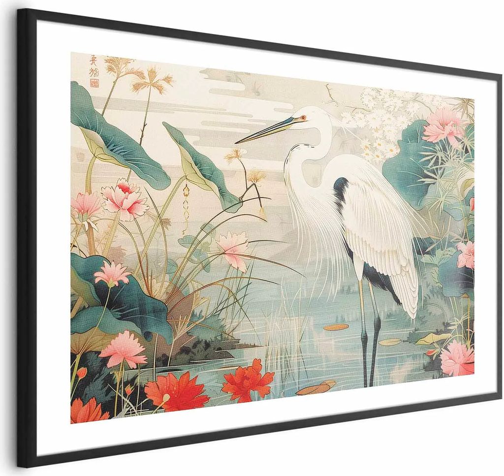 Posterpapier Poster - Over the Asian Pond - illustration in the Japanese print style featuring a heron 90x60 cm Tiere g-H-10110-ao-a