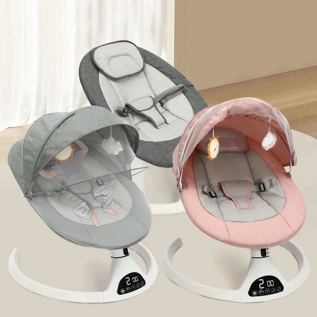 Balançoire bébé avec 5 vitesses et minuterie - Transat rose avec télécommande - 9