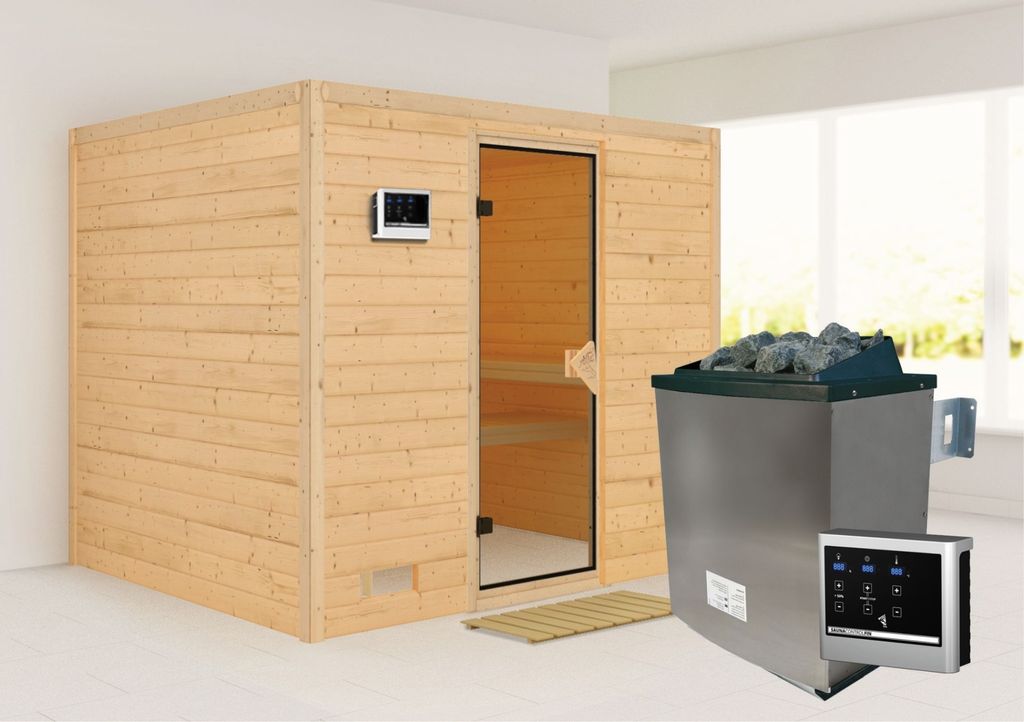 Karibu Sauna Innensauna Sonara Fronteinstieg Ofen 9 KW externe Strg easy 231x195x200 cm ohne Dachkranz mit Bronzierter Tür
