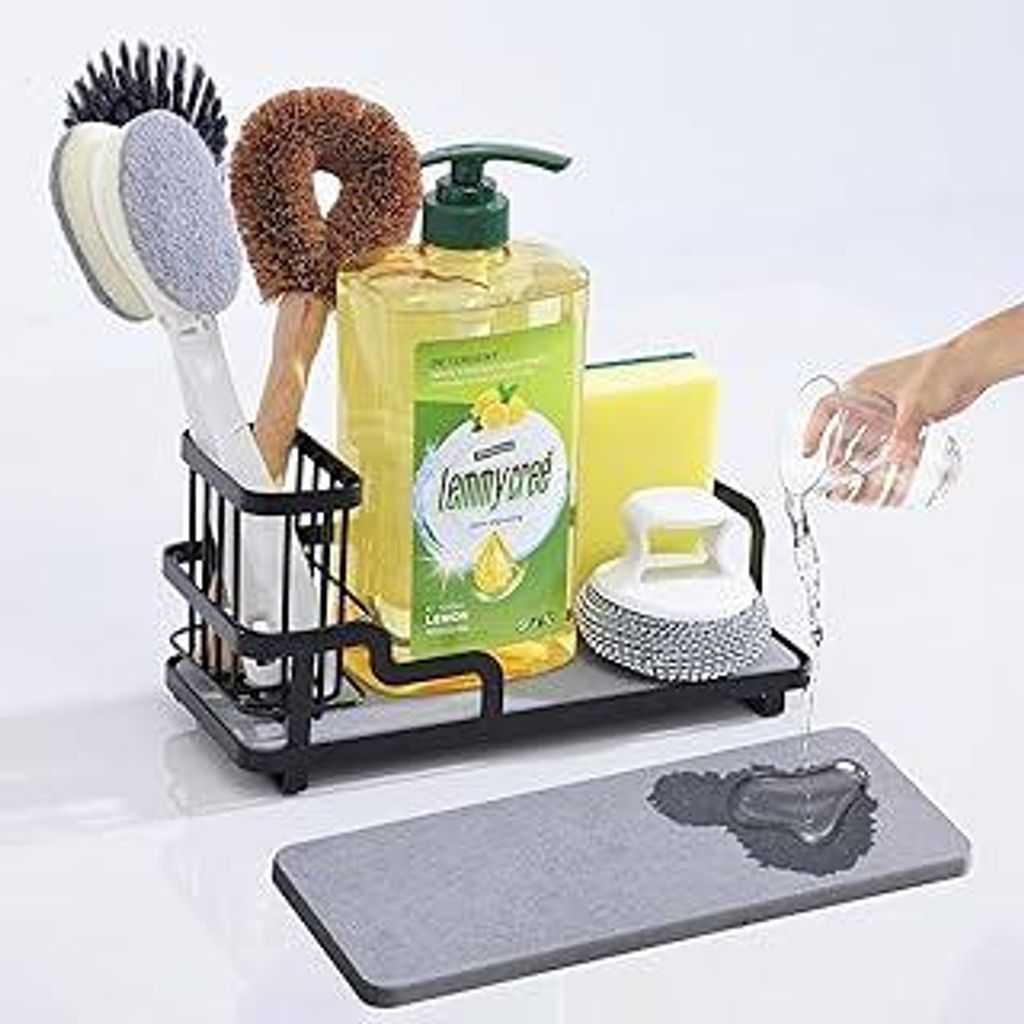 sapisecret Spülbecken Organizer Küche mit Schnelltrocknender Diatomit Platte – Schwarz Edelstahl Küchenspüle Organizer für Spülmittel, Schw...
