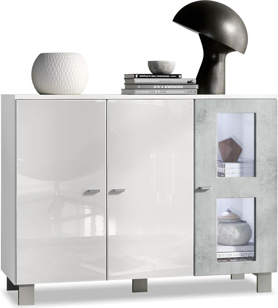Vladon Sideboard Denjo, Germany, Kommode mit 3 Türen, Weiß matt/Weiß Hochglanz/Beton Oxid-Optik, inkl. LED-Beleuchtung (107 x 81 x 35 cm)