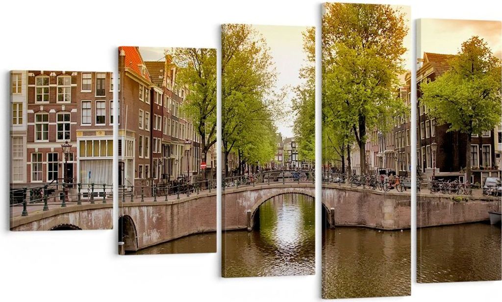 Bild auf Leinwand - Leinwandbild - Kanal Wasser Amsterdam Fahrrad - 100x60cm - Wand Bild - Wanddeko - Leinwanddruck - Bilder - Kunstdruck - Wanddek...