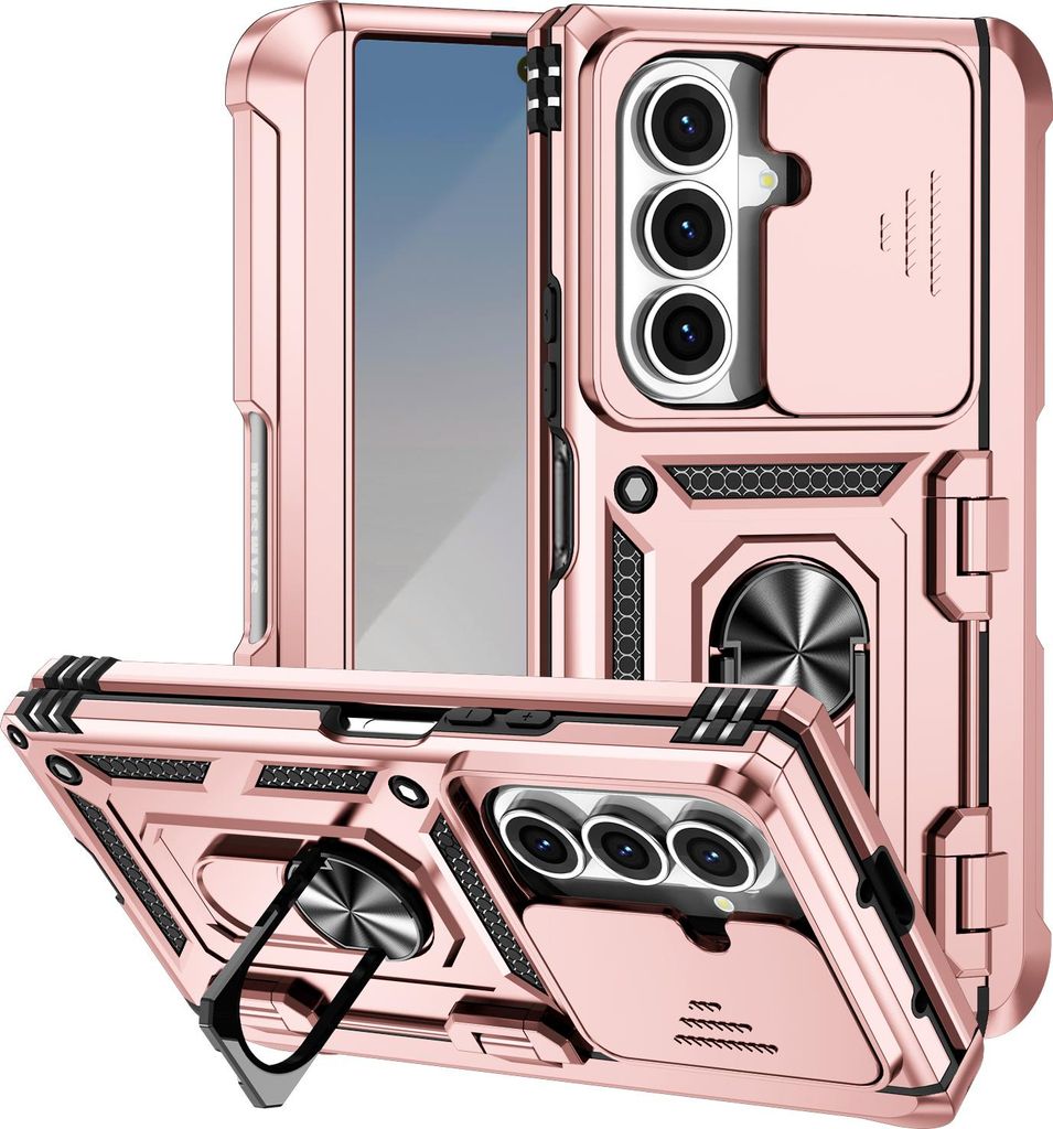 Hülle für Samsung Galaxy Z Fold 7 Hybrid Schutzhülle mit Ring Ständer, Scharnierabdeckung und Schiebbarer Kameraabdeckung Rosa