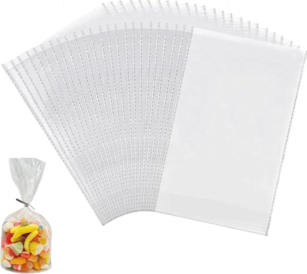 100 Stück Durchsichtige Cellophantüten groß 25x15 cm Süßigkeiten Geschenkbeutel mit 100 bunten Krawatten Geeignet klarsichttüten für Süssig...