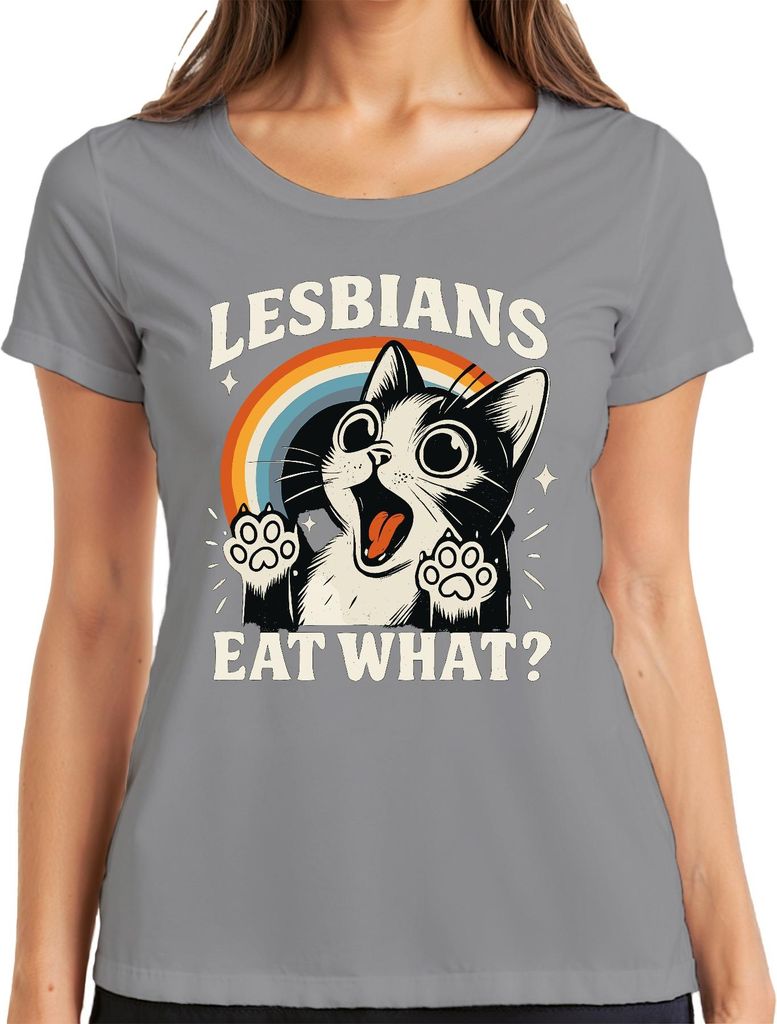 Lesben essen was Katze Regenbogen Retro lustig queer süß frech Damen T-Shirt, Grau, S