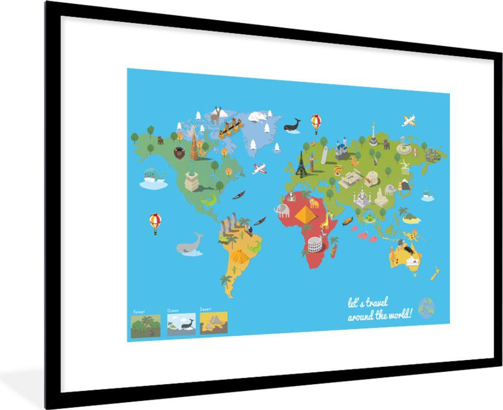 MuchoWow Gerahmtes Poster Weltkarte Kinder - Modern - Symbole 90x60 cm - Poster mit Schwarzem Bilderrahmen Wandposter Rahmen Foto Bilder - Wandde...