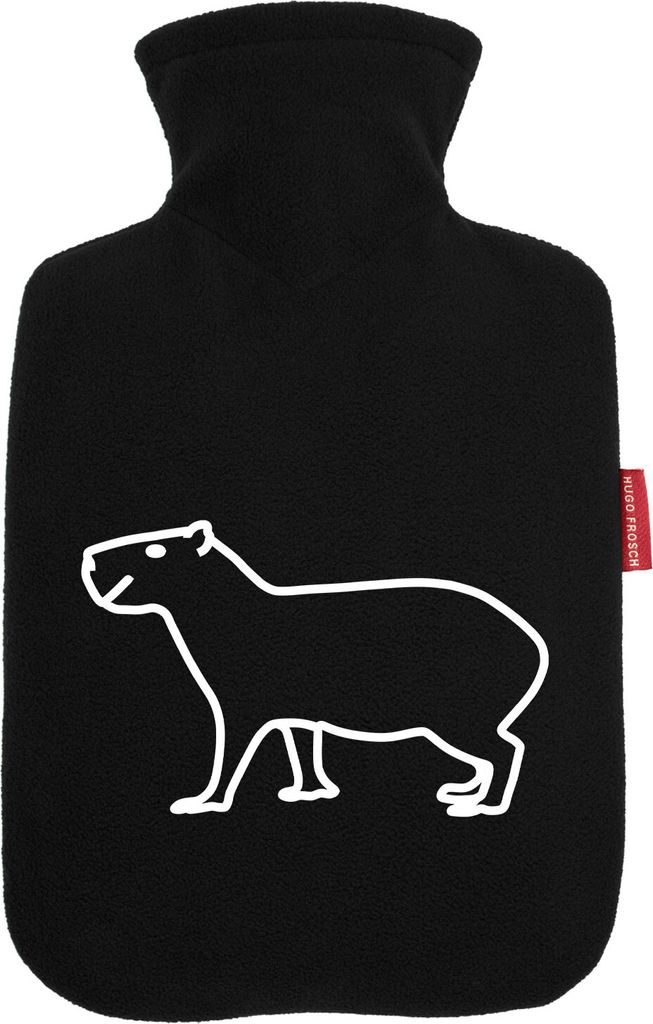 Huuraa Wärmflasche Capybara Silhouette 1,8 Liter Black Classic Veloursbezug Bettflasche Geschenkidee