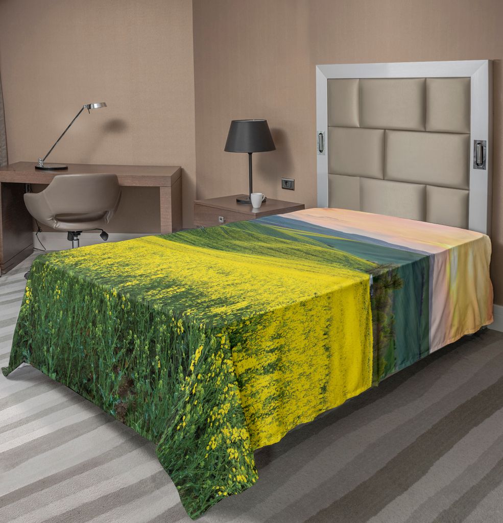 ABAKUHAUS Gelb Bettlaken, Frühlingslandschaft Wildflower Fields Sunrise Bunte Himmel Und Hills Valley Bild, weiches bequemes oberes Bettlaken für...