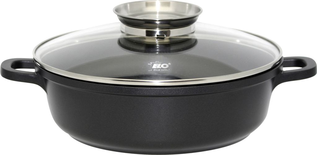 A black pot with a glass lid and silver handles is shown against a white background.