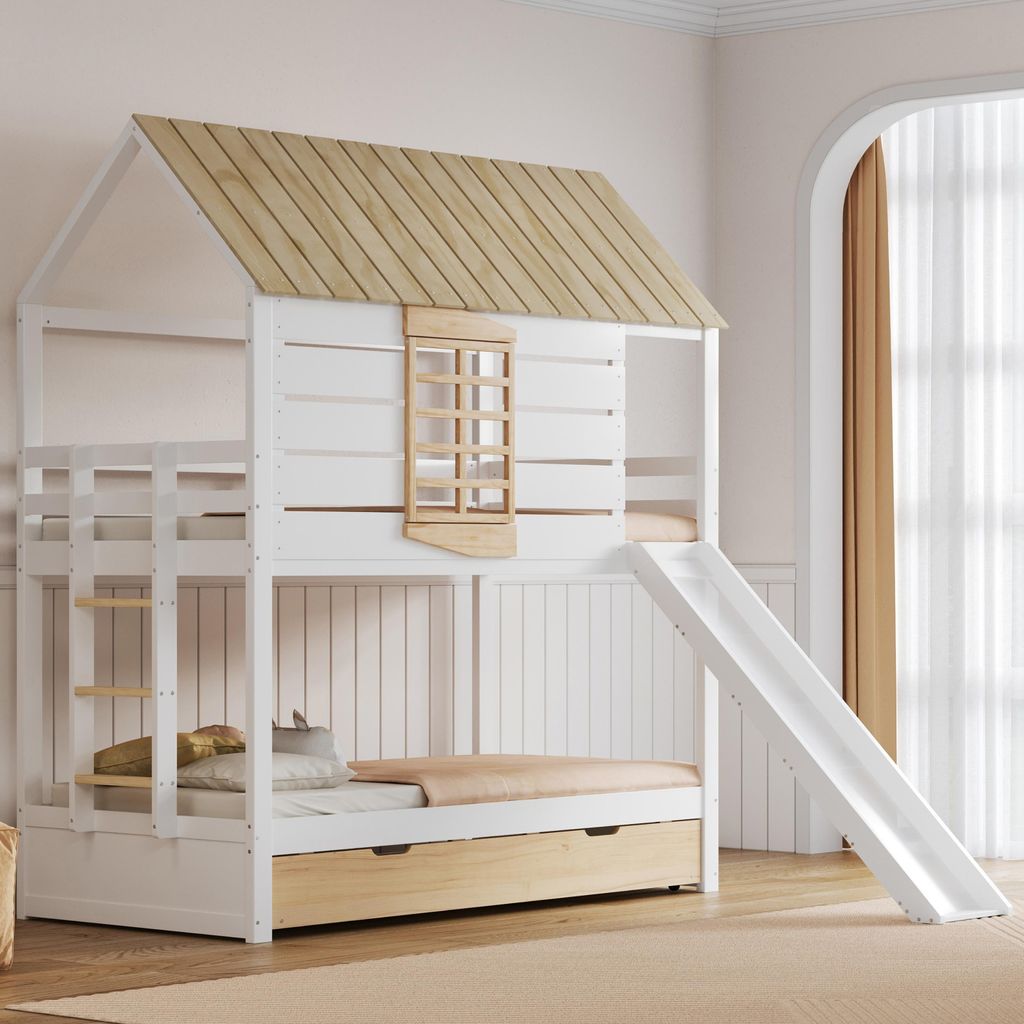 Merax Haus-Etagenbett 90x200 mit Ausziehbett, Kinderbett mit Rutsche und 2 Schubladen, Holz Jugendbett für 3 Kinder, Stockbett, Hochbett, Weiß+Natur