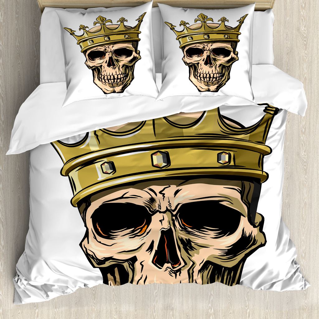 ABAKUHAUS König Bettbezug, Skeleton Kopf mit Krone, Milbensicher Allergiker geeignet mit Kissenbezügen, 200 cm x 200 cm - 80 x 80 cm, Mehrfarbig