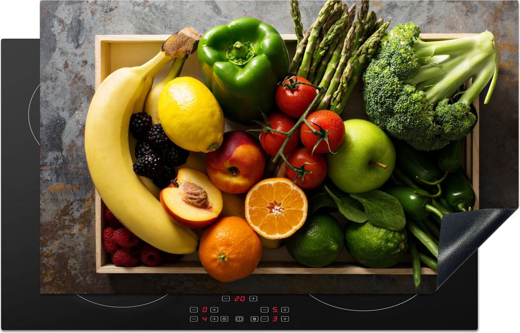 KitchenYeah Herdabdeckplatte Kiste - Obst - Regenbogen , 83x51cm, Küche Deko, Glaskeramikkochfeld Herdabdeckung, Abdeckplatte fùr Kochfeld