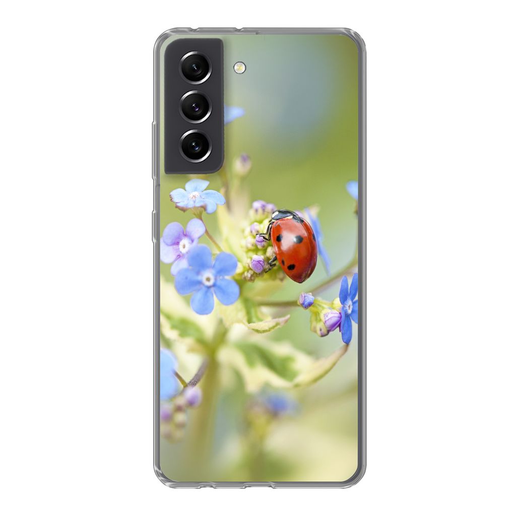 MuchoWow Handyhülle Schutzhülle Hülle für Samsung Galaxy S21 FE Marienkäfer - Blume - Frühling Silikon Softcase Handy Hülle - Mobiltelefon...