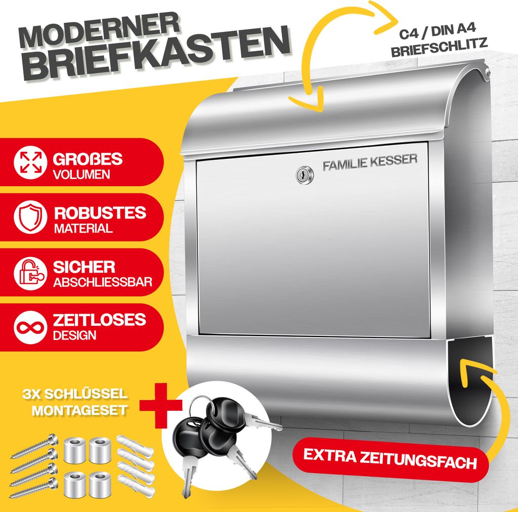 KESSER® XXL Briefkasten Edelstahl mit Zeitungsfach , Produktbild 2