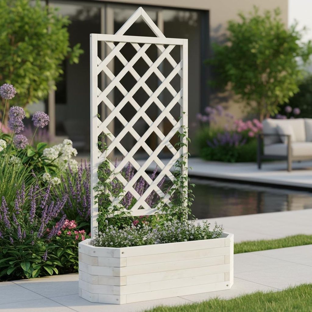 Mucola Blumenkasten mit Rankgitter Pflanzkasten Rankgitter Rankhilfe Rosenbogen Blumenkübel Holz - Weiß