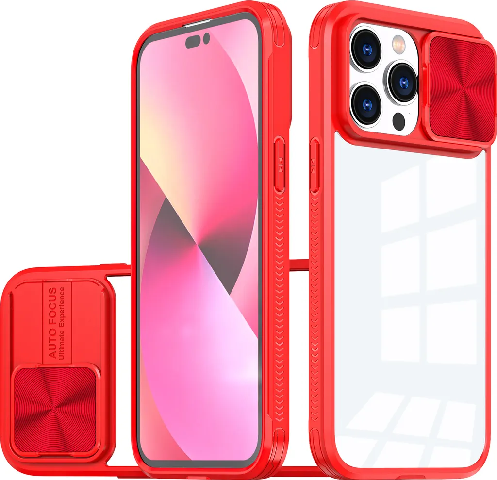 Custodia iPhone 14 Pro Max Ibrida: Retro Trasparente e Slide Rosso