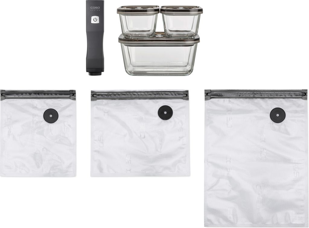 A collection of vacuum sealing accessories, including a handheld vacuum sealer, glass containers, and vacuum seal bags, arranged against a white background.