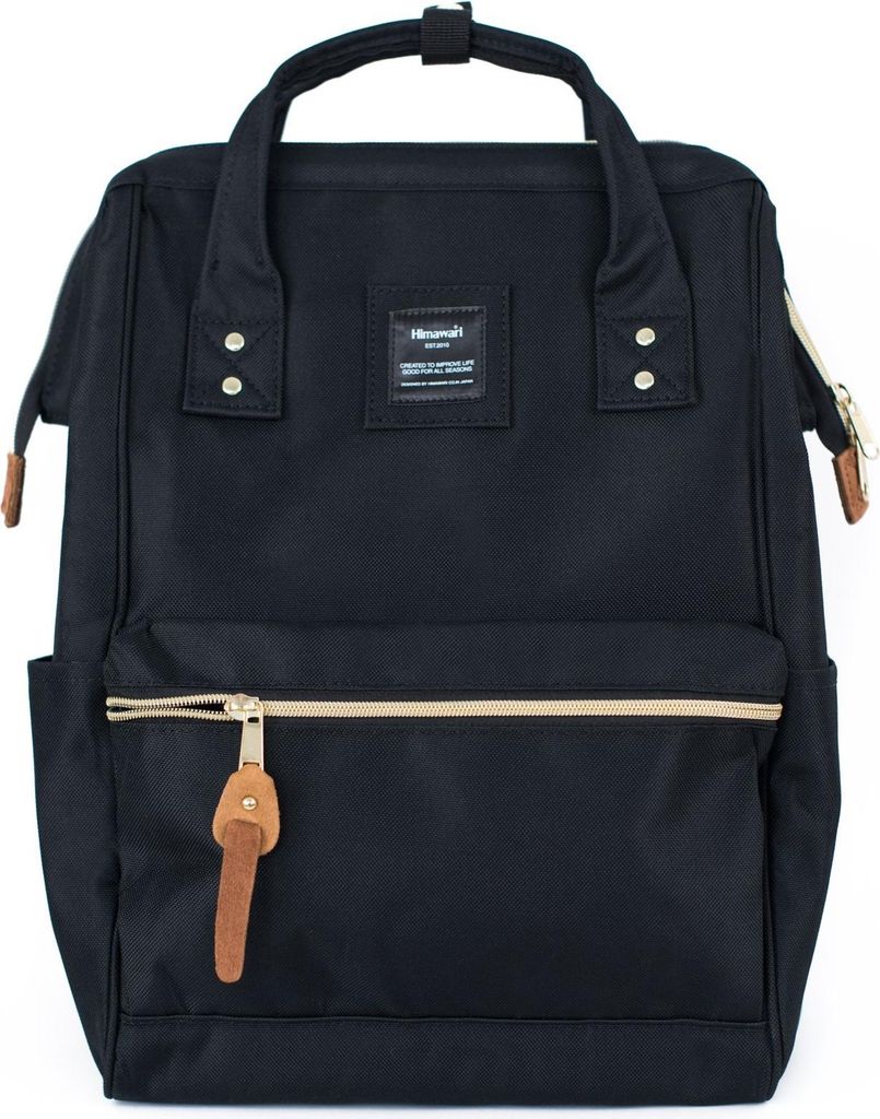 A black backpack is shown against a white background.