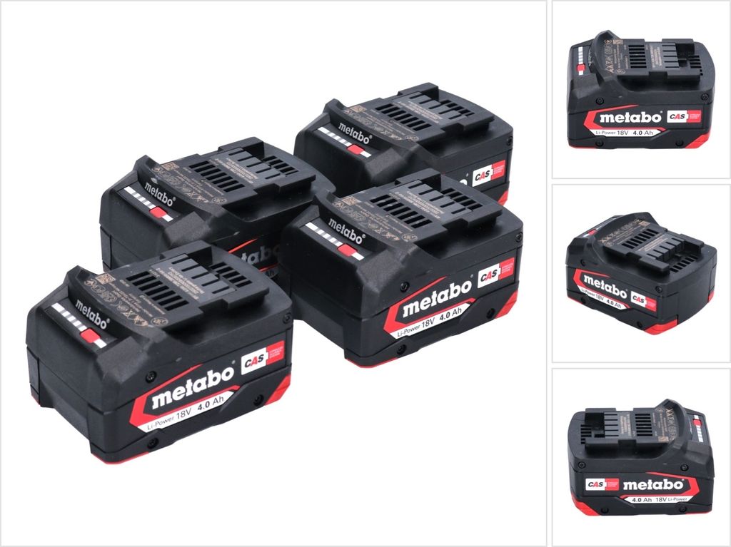 Four Metabo Li-Power battery packs are arranged in a cluster on a white background, with additional individual shots of the battery packs on the right side of the image.