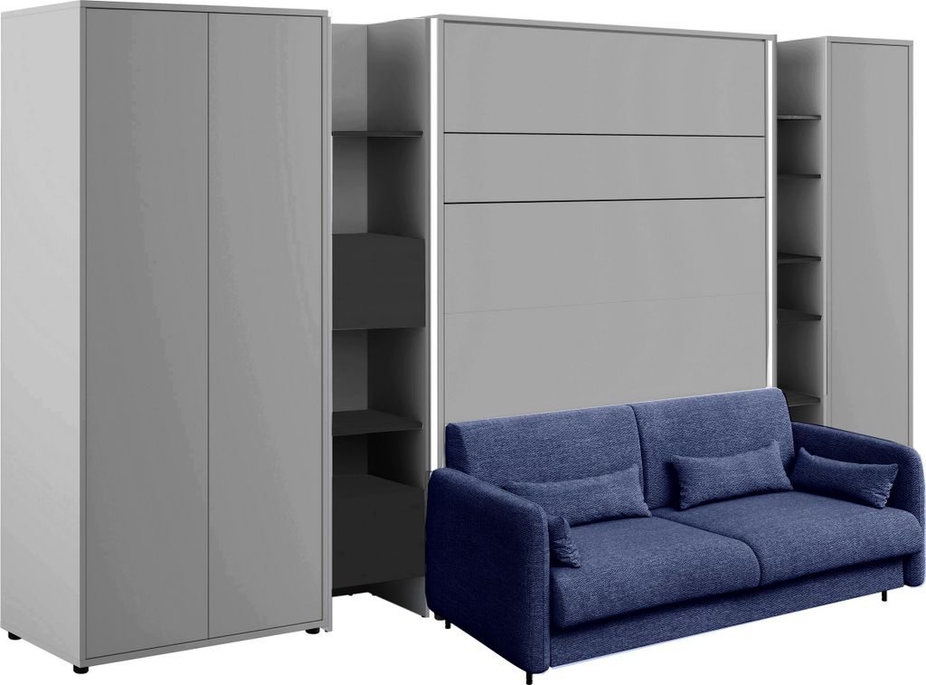 Schrankbett mit sofa Bed Concept 140x200 cm Lenart Led Beleuchtung Taschenfederkernmatratze Bett im Schrank Klapbett Grau/Marineblau