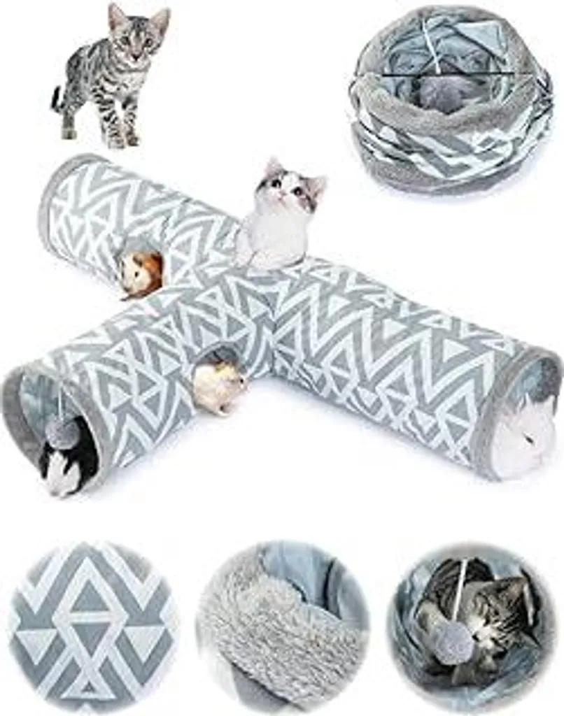 JanYoo Tunnel Design per Gatti - Peluche Soft Grey 3 Vie Pieghevole