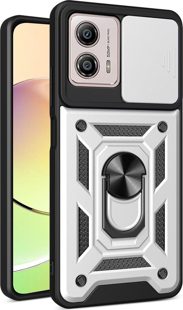 Hülle für Motorola Moto G53 / G13 / G23 mit Ring Ständer Halter Dia Kameraschutz TPU PC Hybrid Handyhülle Silber