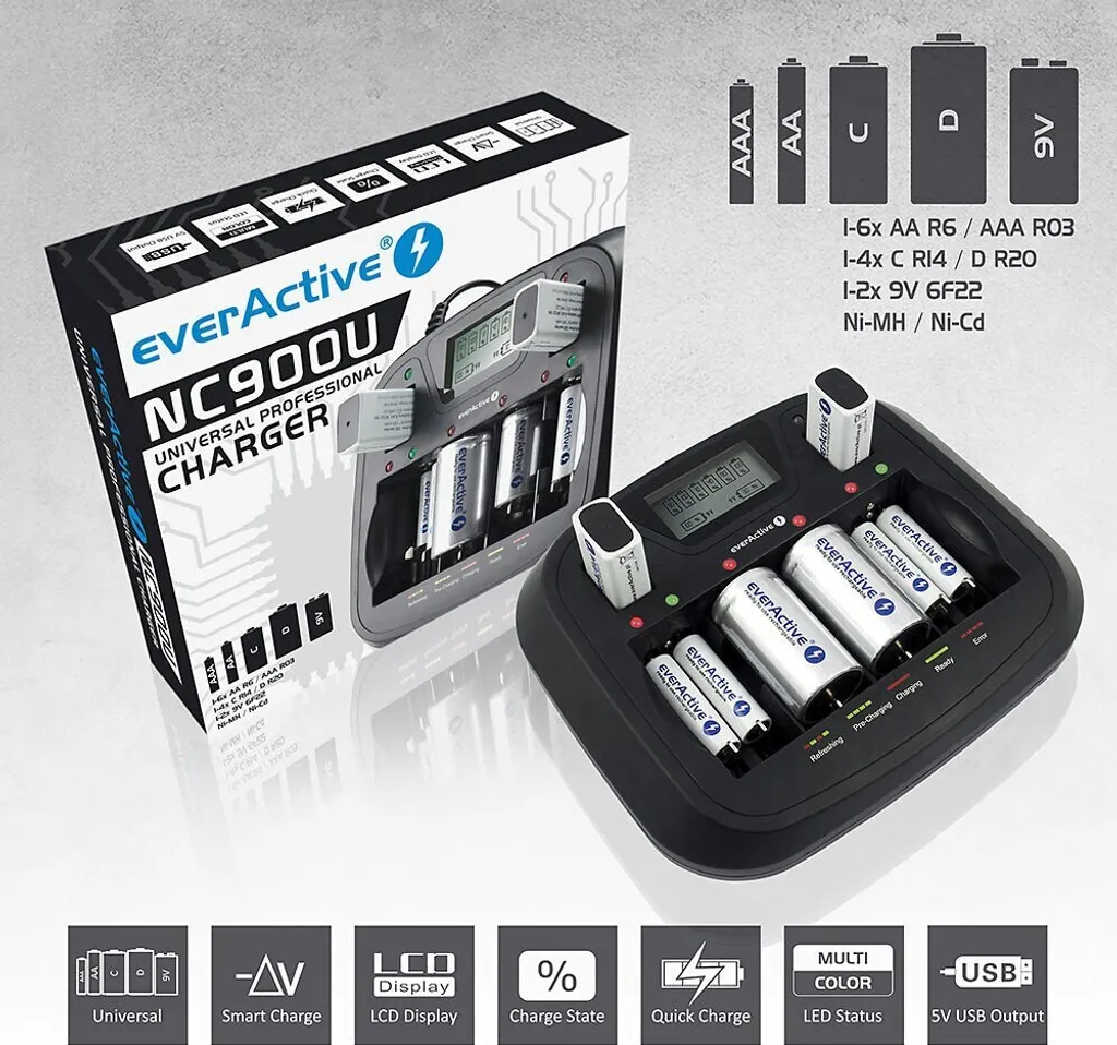 Chargeur de Batterie Universel everActive NC-900U LCD Multi-Format