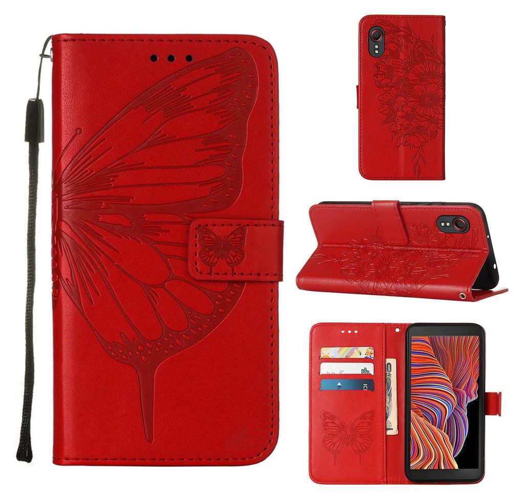 Galaxy X Cover 5 Hülle, Schmetterling Prägung Flip Leder Kartenfächer Schutzhülle Ledertasche mit Ständer für Samsung Galaxy X Cover 5 Rot