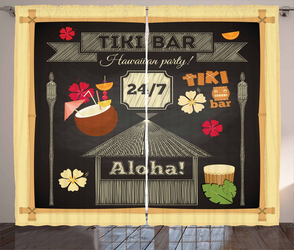 ABAKUHAUS Hawaii Rustikaler Gardine, Traditionelle Tiki Bar, Schlafzimmer Kräuselband Vorhang mit Schlaufen und Haken, 280 x 225 cm, Mehrfarbig