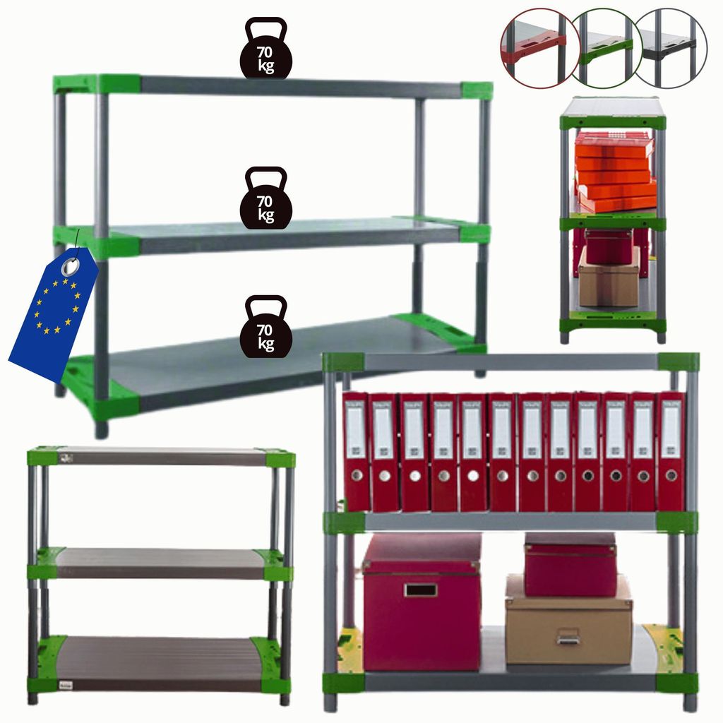 MODO24 Kunststoffregal, 3 Ablagen, 70kg/Boden, Schwerlast, Steckregal, Lagerregal, Plastikregal, Werkstatt, 98x140x46?cm, Grün, JUPITER