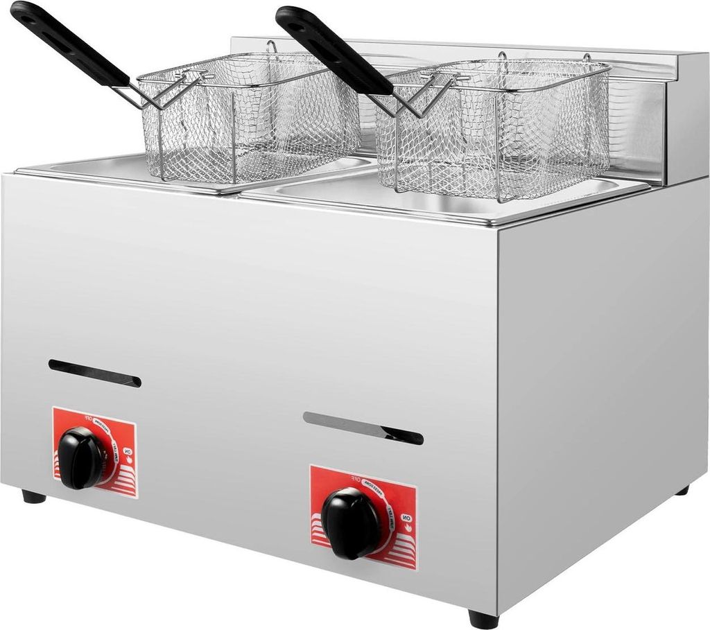 Gewerbliche Gas-Fritteuse - Doppeltank 2×6 l - Mit Korb und Deckel - Edelstahl - Bis 200°C - Hellgrau