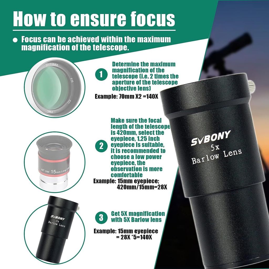 Svbony Barlow Lens 5X, 1,25 palcový kovový Barlow Full Obrázek produktu 9