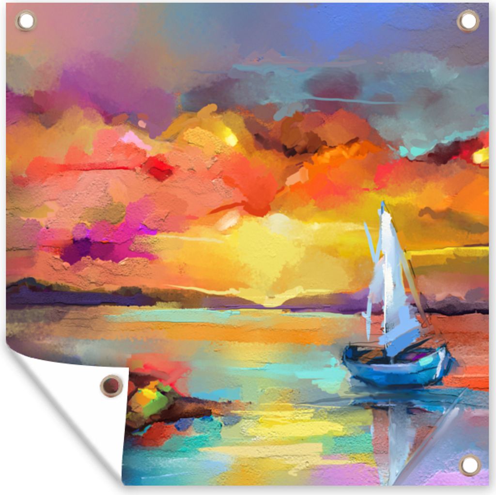 MuchoWow 100x100 cm Outdoor-Poster Gartendeko Sichtschutz Garten Poster für den Garten Malerei - Ölfarbe - Boot - Farben