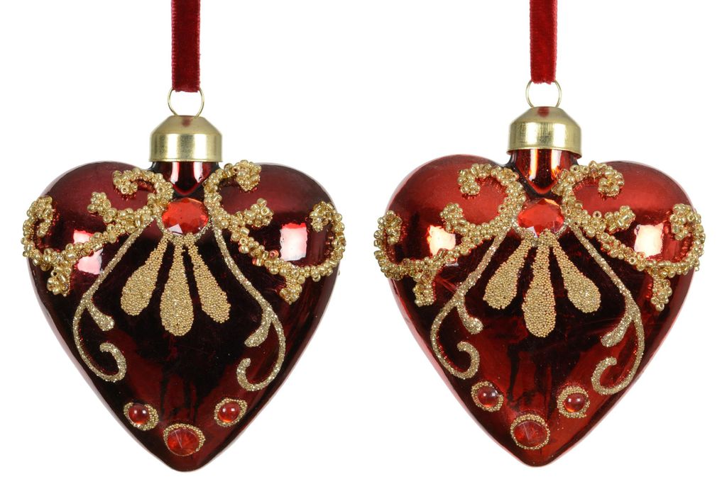 Rotes Herz aus Glas mit goldenen Verzierungen, Schmucksteinen und rotem Samtband zum Aufhängen