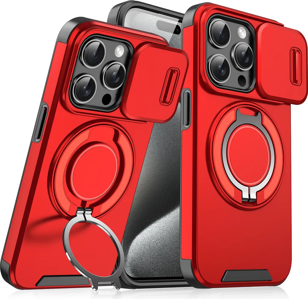 Custodia a doppio strato per iPhone 15 Plus, con copertura scorrevole della fotocamera e supporto ad anello magnetico Rosso