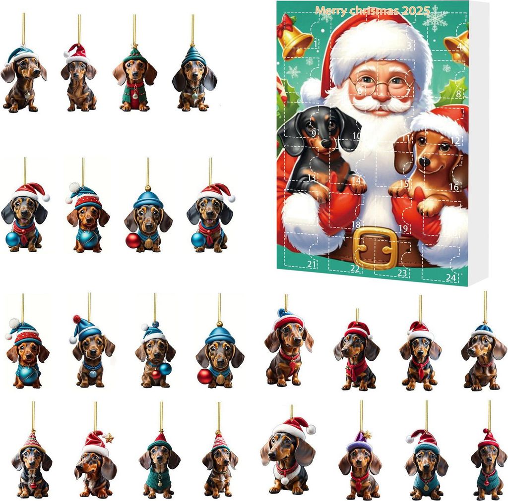 2025 Weihnachts-Dackel-Adventskalender, 24 Tage Countdown bis zur Weihnachtsdekoration, Sammlerstück, 2D-Acryl-Hundeanhänger-Set zum Aufhängen f...