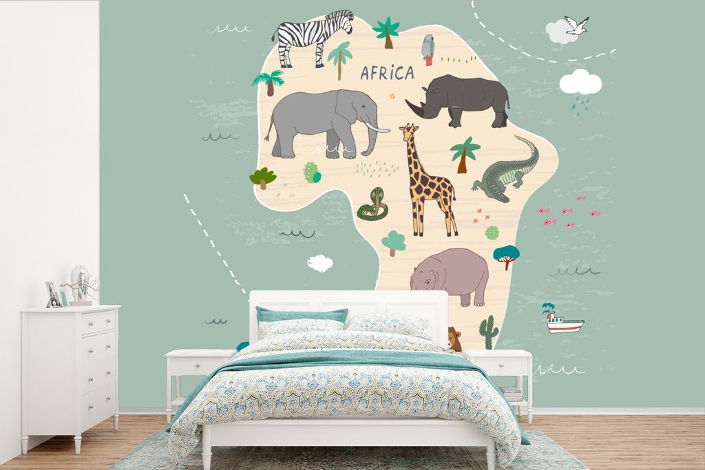 MuchoWow Fototapete für Wohnzimmer oder Schlafzimmer Wandtapete Vinyl Motivtapete Weltkarte Kinder - Tiere - Afrika - Jungen - Blau - Kinder - 3...