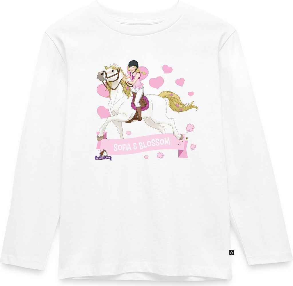 Spreadshirt Schleich Horse Club Sofia & Blossom reiten aus Kinder Premium Langarmshirt, 122/128 (6 Jahre), Weiß
